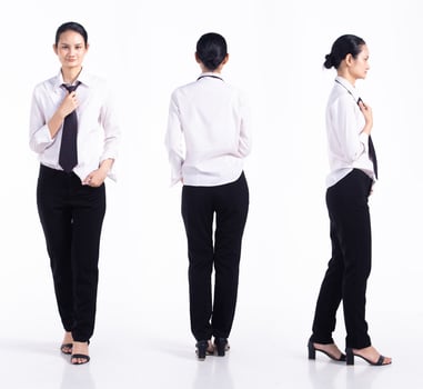 Full length 20s young Mix Race Woman  bartender worker employee, 360 front side back rear view, wear formal necktie and shirt. Office female stands feels stress over white background isolated photo