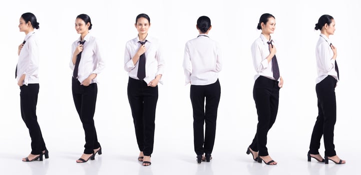 Full length 20s young Mix Race Woman  bartender worker employee, 360 front side back rear view, wear formal necktie and shirt. Office female stands feels stress over white background isolated photo