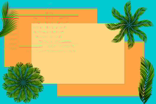 Green palm leaves pattern for nature concept,tropical leaf on orange and teal paper background photo