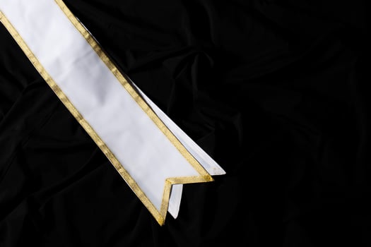 White Gold Winner Sash for Miss Pageant Beauty Contest, empty area for text winner country word, studio lighting abstract dark drapping textile background, Importance Decoration with Diamond Crown photo