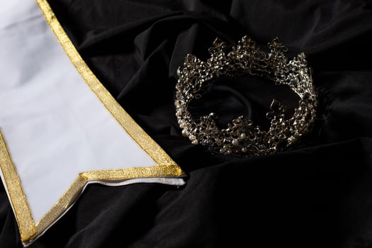 White Gold Winner Sash for Miss Pageant Beauty Contest, empty area for text winner country word, studio lighting abstract dark drapping textile background, Importance Decoration with Diamond Crown photo