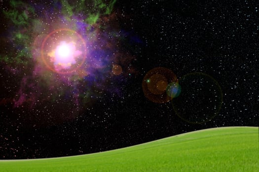 Explosion in galaxy with Meadow on Earth,abstract background. photo