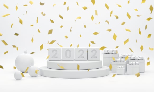 2022 white podium, Christmas balls, gold ribbons and gift boxes for show product at the christmas festival on white background. photo