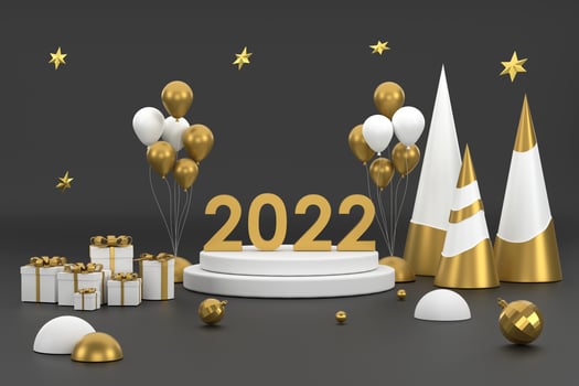 2022 Golden Christmas tree ballon and podium for displaying products at the Christmas festival. black background photo