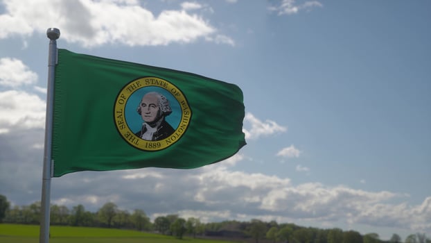 Washington state flag on a flagpole waving in the wind, blue sky background. 3d illustration photo