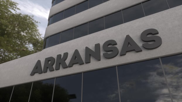 Arkansas sign on a modern skyscraper. Arkansas building. 3d illustration photo