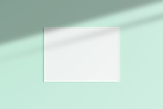 Realistic white horizontal photo frame mockup hanging on empty wall room with shadow. 3d rendering.