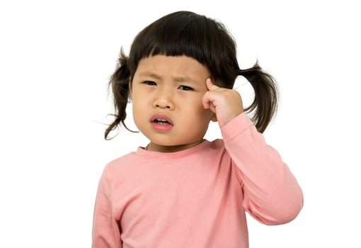 Little asian girl think something on white photo