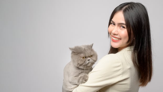 A young woman is holding lovely cat , playing with cat in studio on white background photo