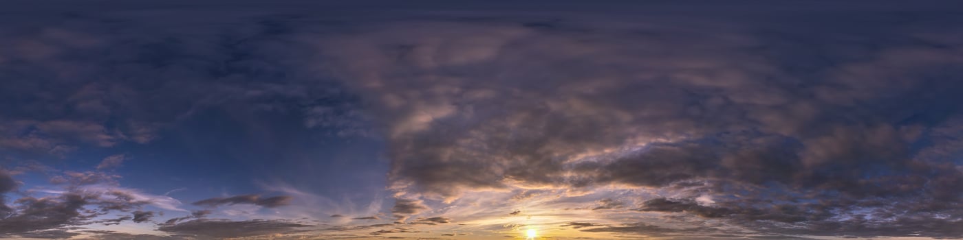 evening dark blue sky hdr 360 panorama with white beautiful clouds in seamless projection with zenith for use in 3d graphics or game development as sky dome or edit drone shot for sky replacement photo