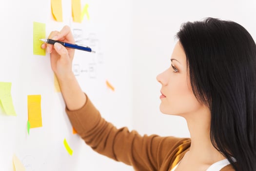 My reminder. Smiling women writing on adhesive papers photo