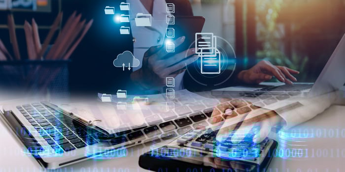 Document Management System , online documentation database and process automation to efficiently manage files, knowledge and documentation in enterprise with ERP. Corporate business technology. photo