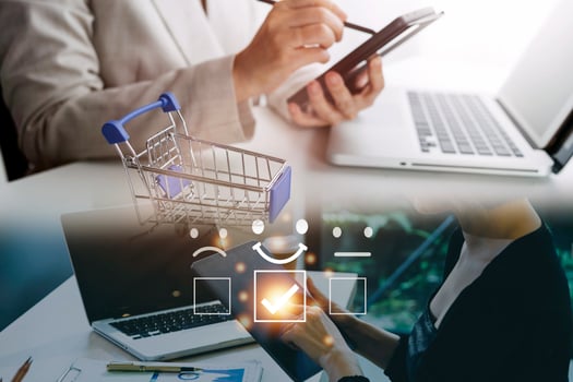 Customer service evaluation concept. Businessman pressing face smile emoticon show on virtual screen. Survey, poll or questionnaire for user experience or customer satisfaction research. photo