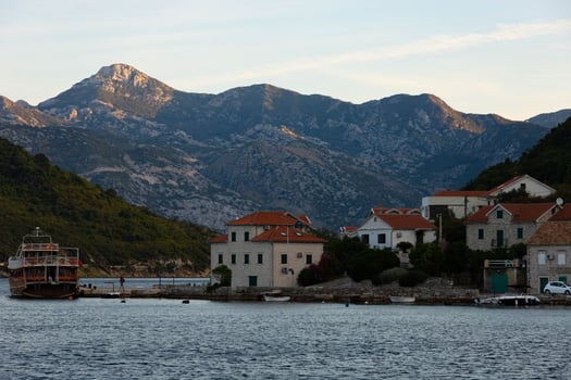 Tivat, Montenegro - October 20, 2020 Breathtaking views of the famous Boka Kotorska Bay, the Rocky Mountains of the Dinaric Alps and the Adriatic Sea. photo