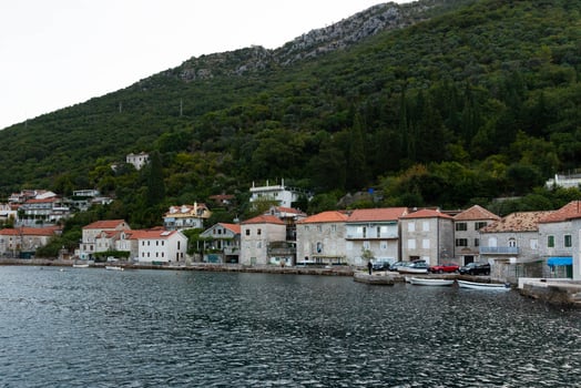 Tivat, Montenegro - October 20, 2020 Breathtaking views of the famous Boka Kotorska Bay, the Rocky Mountains of the Dinaric Alps and the Adriatic Sea. photo