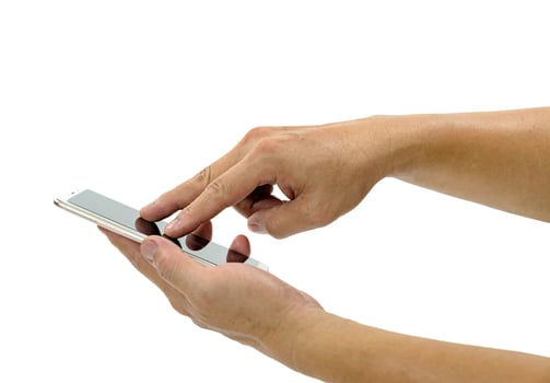 hand holding mobile smart phone  isolated on white background photo
