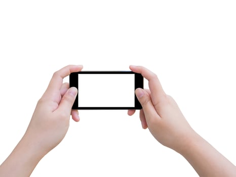 Hand holding smart phone taking photo isolated on white background