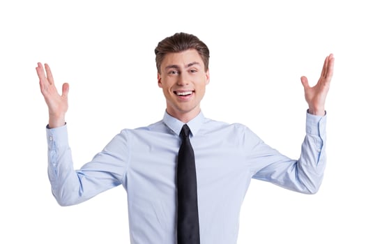 I am happy Happy young man in shirt and tie looking at camera and gesturing while standing isolated on white photo