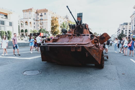 Kyiv, Ukraine, 23 August 2022. Parade of destroyed military equipment of the russian troops on the Khreshchatyk photo