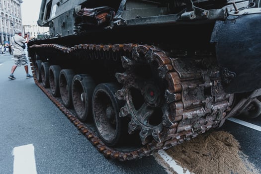Kyiv, Ukraine, 23 August 2022. Parade of destroyed military equipment of the russian troops on the Khreshchatyk photo