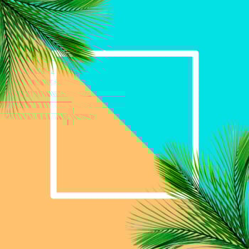 Green palm leaves pattern for nature concept,tropical leaf on orange and teal paper background photo