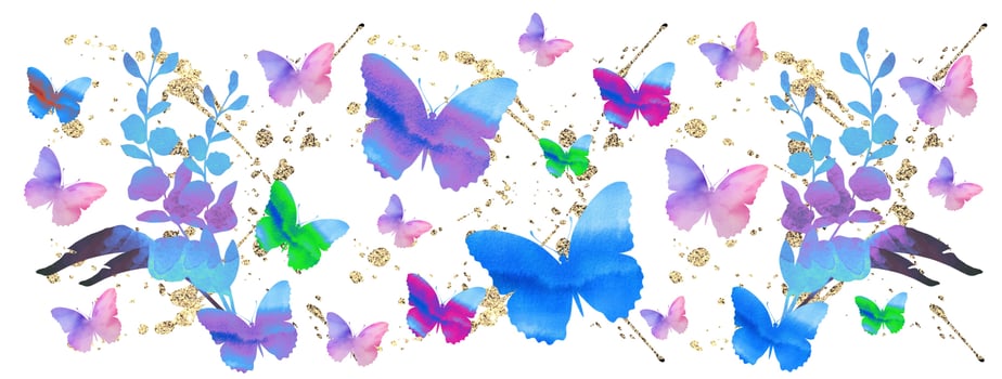 Butterflies, flowers, plant, leaves. Birthday, wedding, celebration template. photo