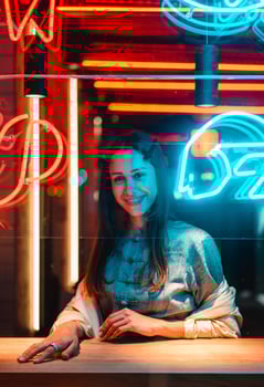 Beautiful girl in a window cafe photo