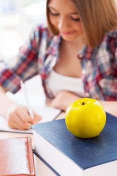 Confident schoolgirl. Top view of cheerful teenage girl studying while sitting at the desk photo