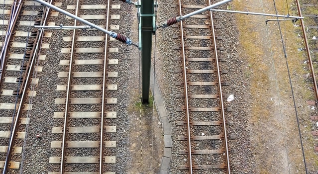 Multiple railroad tracks with junctions at a railway station in a perspective and birds view photo