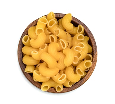 raw macaroni pasta with wooden bowl isolated on white background photo