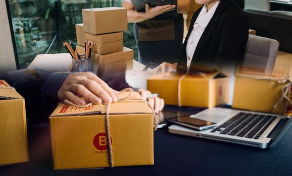 Portrait of Starting small businesses SME owners, two Asian woman check online orders Selling products working with boxs freelance work at home office, sme business online small medium enterprise photo