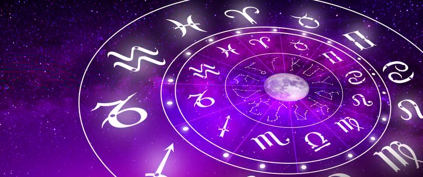 Zodiac wheel touch screen hologram. Astrology concept. photo