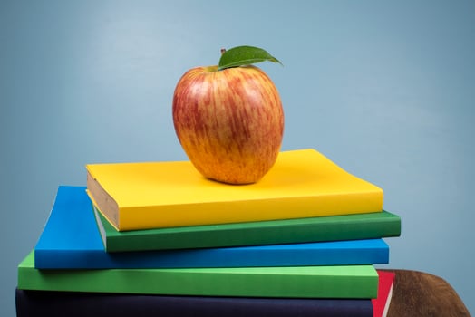 Apple fruit on top of a book stack, on the back of school classes. photo