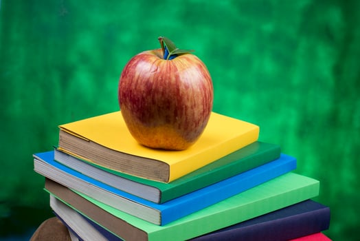 Apple fruit on top of a book stack, on the back of school classes. photo