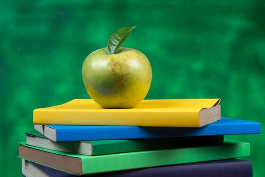 Apple fruit on top of a book stack, on the back of school classes. photo