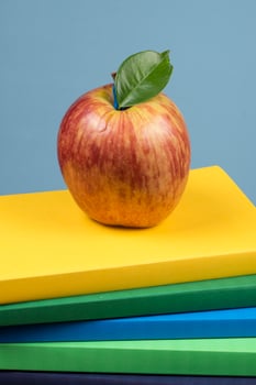 Apple fruit on top of a book stack, on the back of school classes. photo