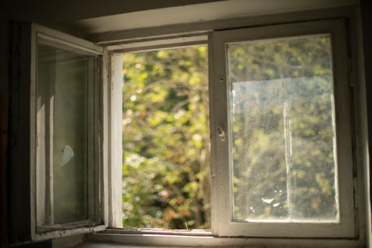 Window in house. Old window frame. Wooden window and glass. photo