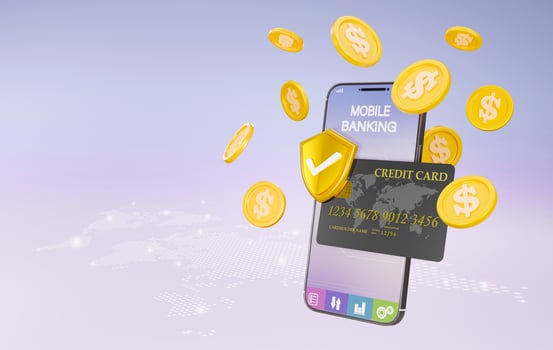 3D rendering of online money transfer by having a credit card connection and have a safety supervision system concept, Online money transactions, mobile payments using a smartphone. photo