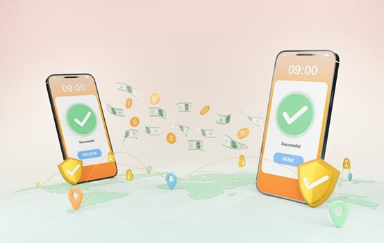 3D rendering of online money transfer by having a credit card connection and have a safety supervision system concept, Online money transactions, mobile payments using a smartphone. photo