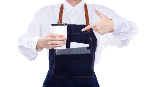 Waitress hold menu coffee cup order to service customer client in shop restaurant with smile. Employee staff wear apron to serve as entrepreneur owner for small business, copy space white background photo