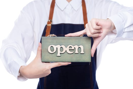 Owner person hold Open Sign Business to show service at door entrance store, cafe, retail and welcome shop. Happy Entrepreneur female wear waitress dress as open business time again concept photo