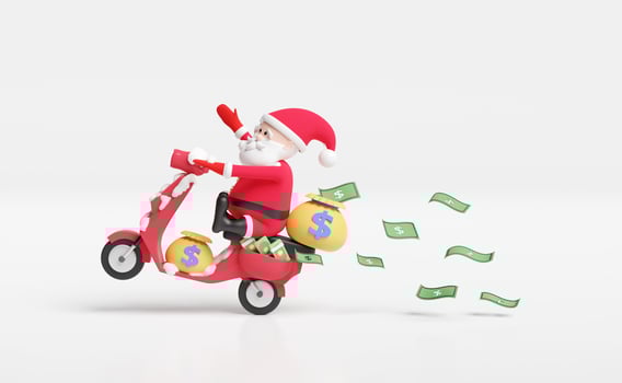 cartoon santa claus with scooter transport bag money,banknote isolated on pink background.Quick credit approval or loan approval concept isolated on white background,3d illustration or 3d render photo