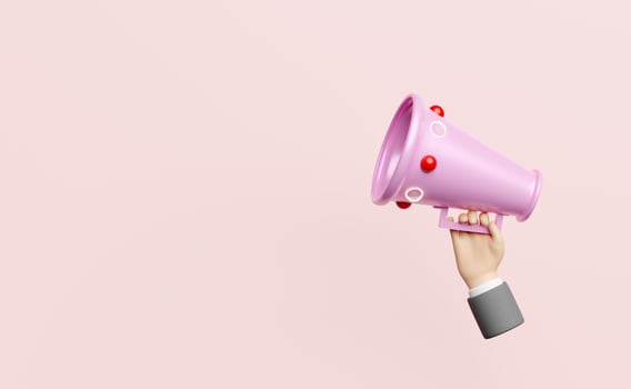 businessman hands holding pink megaphone or hand speaker isolated on pink background ,Concept 3d illustration or 3d render photo