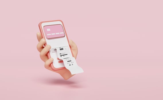 3d hands hold mobile phone, smartphone with credit card, invoice, paper receipt, electronic bill payment isolated on pink background. saving money concept, 3d render illustration photo
