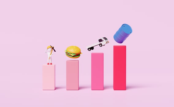 3d bar graph with food, oil barrel, delivery truck, wage icon isolated on pink background. high inflation, expensive, saving money, raise the price concept, 3d render illustration photo