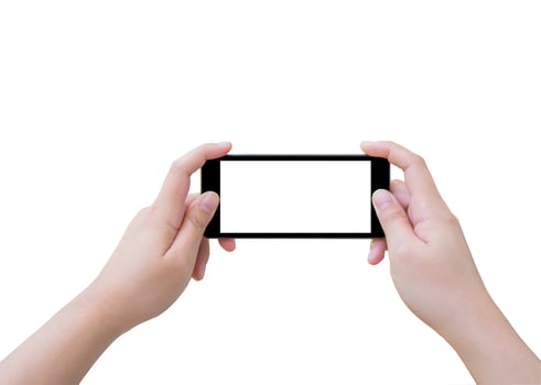 Hand holding smart phone isolated on white background photo