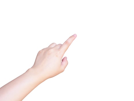 female hand touching or pointing to something isolated on white photo