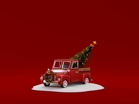 3d illustration of red Christmas truck carry Christmas tree on snow ground photo