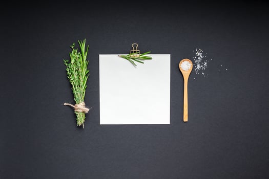 Blank notepad page with greens herbs and spices photo