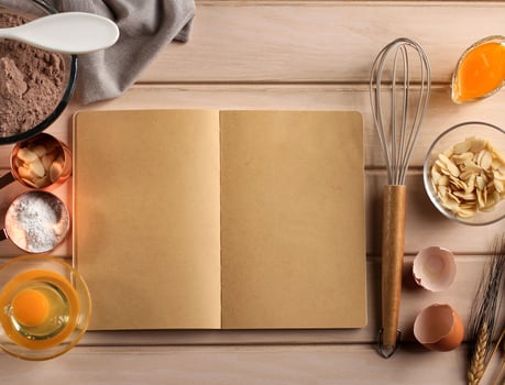 Empty Open Book with Baking Ingredients, Top View. Concept Book Recipe photo